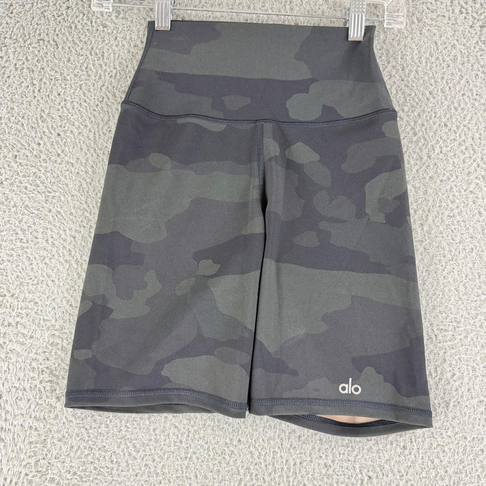 Alo Yoga High Waist Vapor Biker Shorts Womens XS Black Camo Athleisure
